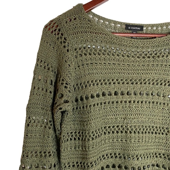 Le Chateau Olive Crochet See Through Top 3/4 Sleeves Boat Neck Small S - Picture 7 of 16